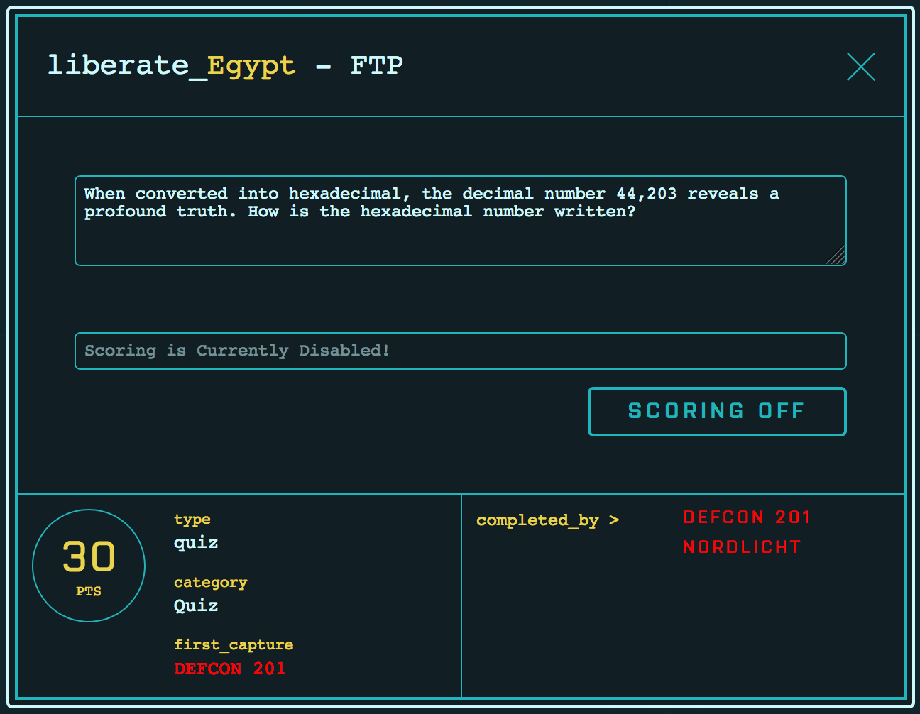 Screenshot of Hacker Trivia Night challenge: “When converted into hexadecimal, the decimal number 44,203 reveals a profound truth. How is the hexadecimal number written?”